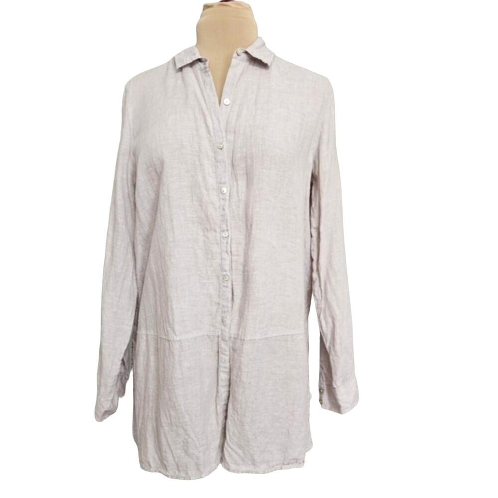 Tahari Tunic Top 100% Linen Blouse Button Down Medium Long Sleeve Coastal Purple